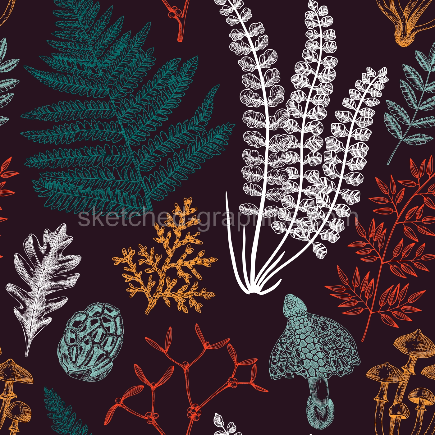 Vector seamless pattern with fern leaf, mushrooms, fall leaves and autumn plant sketches. Monochrome botanical repeating texture. Hand drawn autumn forest background. Vintage nature design for print Illustration